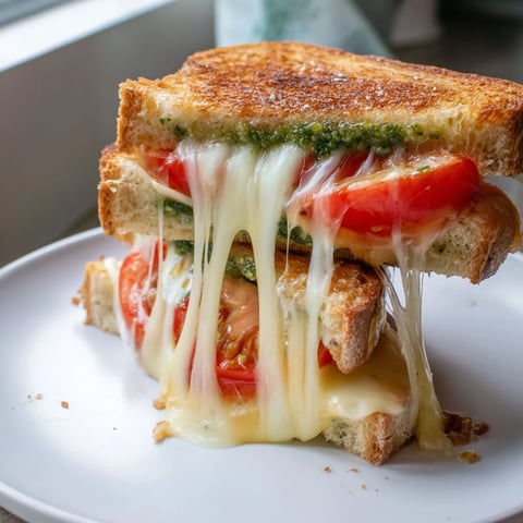 Roasted Tomato Pesto Grilled Cheese on rustic sourdough, with melty mozzarella and cheddar, served warm beside a fresh green salad.