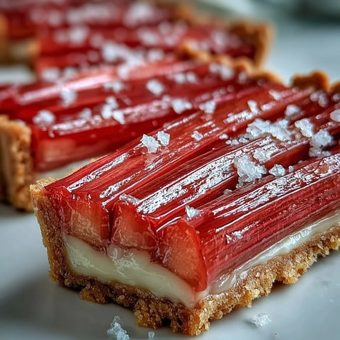 Close-up of a slice of Rhubarb, White Chocolate, and Elderflower Tart showing pink roasted rhubarb atop creamy custard filling. 