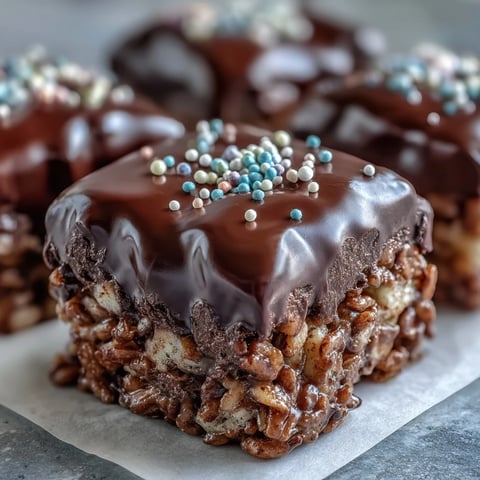 Square pan of Chocolate Covered Rice Krispy Treats with glossy chocolate, rainbow sprinkles, and clean cuts.