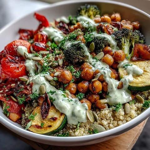 Roasted red bell peppers and zucchini top a hearty bowl of quinoa and lentils, finished with a creamy tahini drizzle and avocado slices.