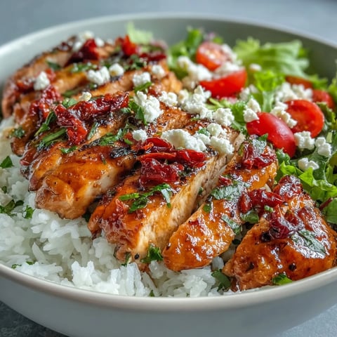 Juicy chicken marinated in sun-dried tomatoes and herbs, sliced over fluffy rice and fresh salad greens in a vibrant bowl.