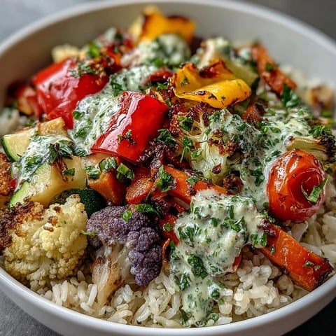 Freshly roasted multi-colored vegetables from the Rainbow Roasted Vegetable Bowl, served warm over fluffy brown rice.