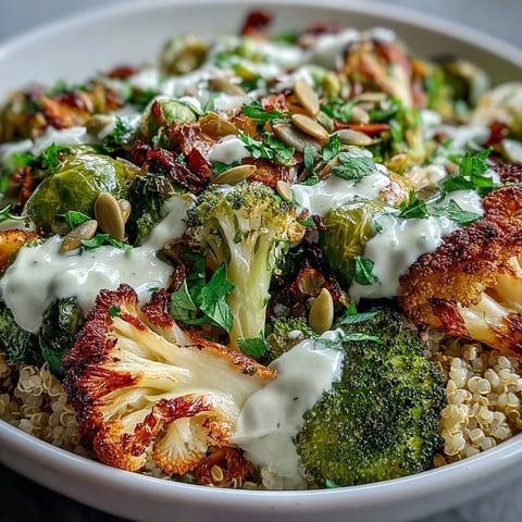 Golden roasted broccoli, cauliflower, and Brussels sprouts top fluffy quinoa in a savory Roasted Brassica Bowl, drizzled with creamy tahini dressing.