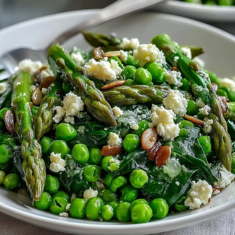 Close-up of the vibrant Spring Green Bowl, featuring blanched peas and asparagus over quinoa, drizzled with zesty lemon dressing.