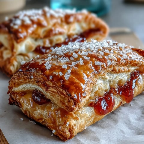 Golden-baked Guava and Cream Cheese Pastelitos with flaky puff pastry are dusted with sugar and served warm on a rustic wooden board.