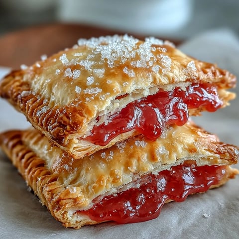 A golden-baked Guava Cheese Pop Tart drizzled with glossy pink glaze, showcasing the flaky pastry crust on a rustic wooden board. 
