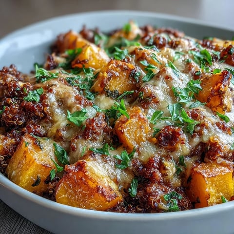 Golden brown, bubbly cheese tops the Cozy Butternut Squash & Sausage Casserole, with visible pieces of roasted squash and savory sausage peeking out.