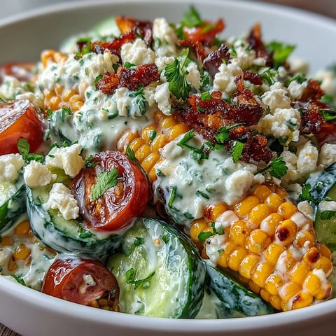 Fresh corn kernels and crisp diced cucumbers tossed in a creamy lime dressing, topped with crumbled feta and cilantro, served in a white bowl.