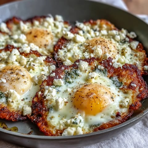 Golden, crispy feta nests cradle softly set eggs in this Mediterranean-inspired breakfast.