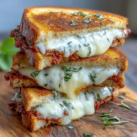 Golden-brown Sun-Dried Tomato Pesto Grilled Cheese oozing melted mozzarella on a plate.