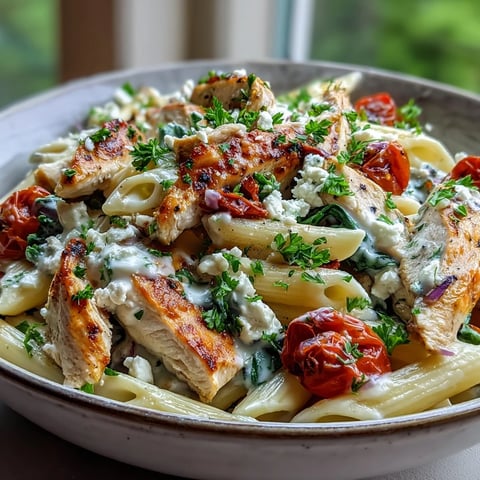 Steaming bowls of Roasted Garlic & Feta Chicken Pasta feature penne tossed with tender chicken, bright cherry tomatoes, and fresh spinach.