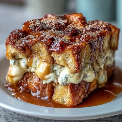Freshly baked Caramel Cream Cheese French Toast Casserole with golden brioche and a bubbling caramel bottom.