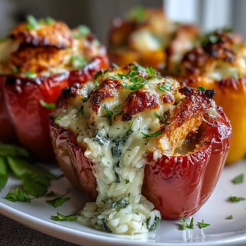 Golden-brown Garlic Parmesan Chicken Stuffed Peppers fresh from the oven, melty cheese bubbly on top.