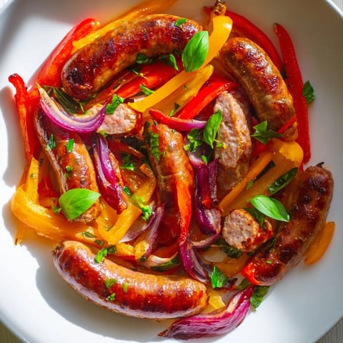 Golden-brown Italian sausages nestled amongst colorful, caramelized roasted peppers and onions on a sheet pan.