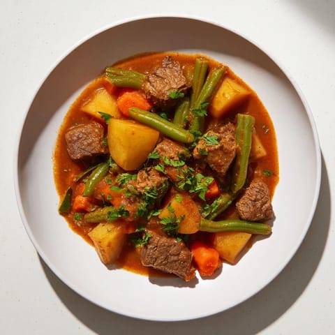 A close-up of pressure cooker beef and vegetable stew, showcasing the rich, savory broth.