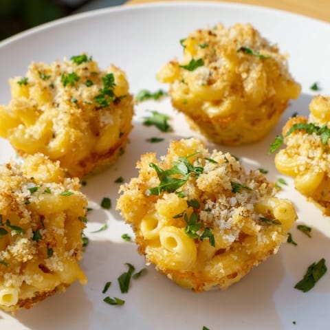 Savory Tinis Mac and Cheese muffins, topped with crispy breadcrumbs, ready to serve on a plate.