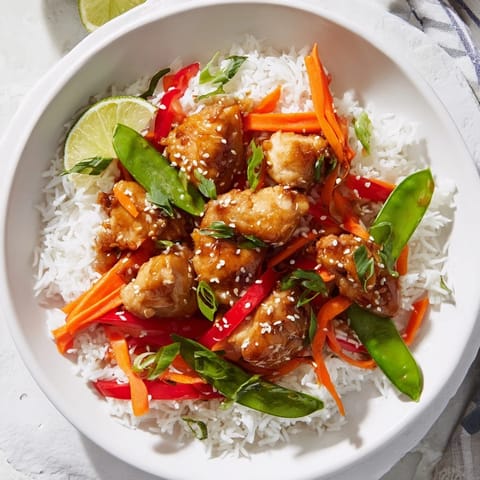 Flavorful Sesame Ginger Rice Bowl prepared with tender chicken and an assortment of fresh, vibrant vegetables.