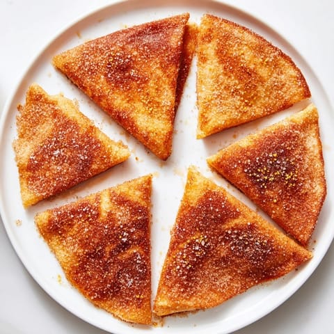 Crispy air-fried cinnamon sugar tortilla chips, perfect snack, with a dusting of cinnamon and sugar.