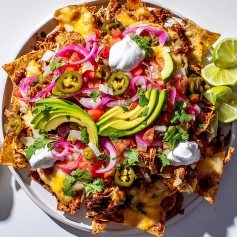 Hot, bubbly Loaded Nachos overflowing with savory pulled pork, melting cheese, and fresh toppings.