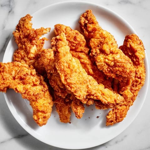 A close-up shot of perfectly cooked buttermilk fried chicken tenders, ready to savor.