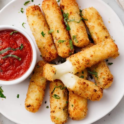 Melted cheese pull from air fryer mozzarella sticks, a quick and easy American snack.
