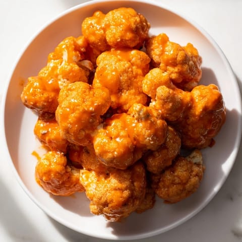 Spicy Buffalo Cauliflower Bites, coated in sauce, piled high and steaming; perfect for a vegetarian appetizer.