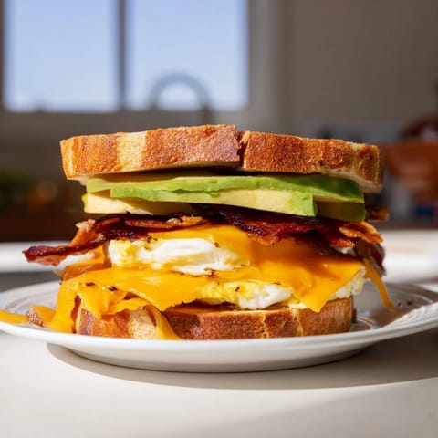 Golden toasted sourdough cradles crispy bacon, melted cheddar, creamy avocado, and a runny egg in this loaded breakfast sandwich.  