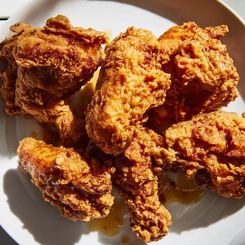 Close-up of Hot Honey Butter Chicken glistening with sauce, showing its crispy texture next to fresh dill pickles.  