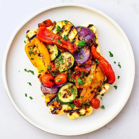 Golden-brown Halloumi Cheese Steak on a platter, topped with vibrant grilled vegetables and halved cherry tomatoes, ready to serve.