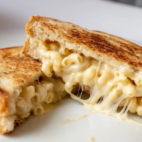 A close-up reveals the gooey cheddar filling oozing from a crispy grilled cheese layered with tender elbow macaroni.