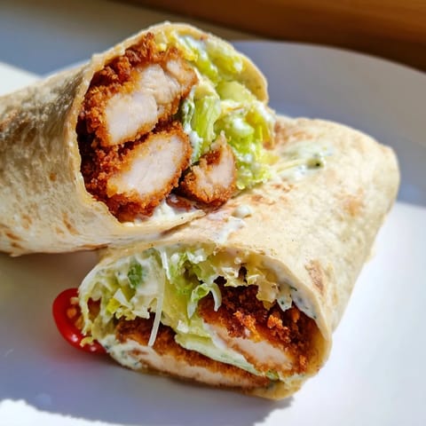 A close-up view of a Hot Honey Chicken Caesar Wrap cut in half, revealing layers of creamy Caesar salad and sticky spicy chicken inside.