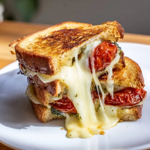 Caramelized roasted tomatoes and basil pesto fill this golden-brown grilled cheese sandwich, cut in half to show the gooey, melted cheese layers.