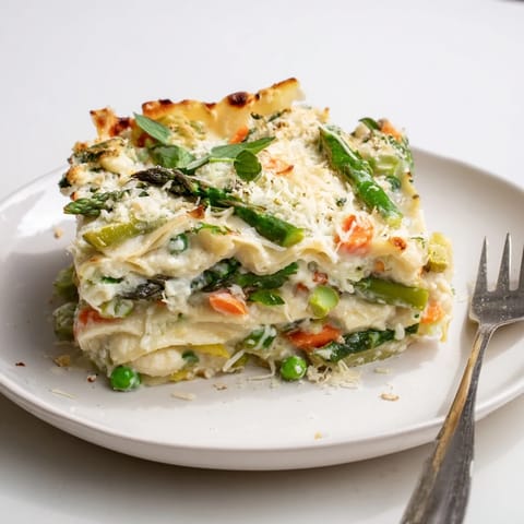 A golden-brown Spring Veggie Alfredo Lasagna emerges from the oven, showcasing bubbly cheese and vibrant veggies.  