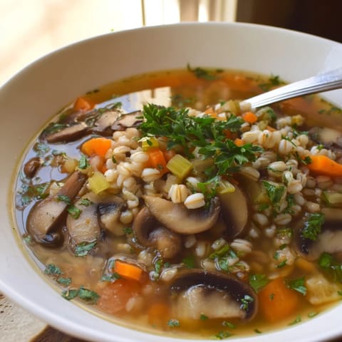Steam rises from a warm bowl of Mushroom and Barley Soup, showcasing tender mushroom slices and chewy grains in a rich broth.