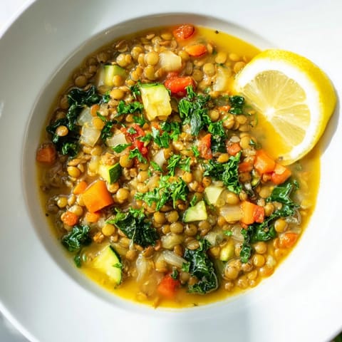 Earthy brown lentils and vibrant chopped vegetables simmer in a hearty broth, a nourishing, vegan-friendly Lentil and Vegetable Soup.
