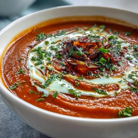 Silky roasted red pepper soup, vibrant orange with parsley garnish.