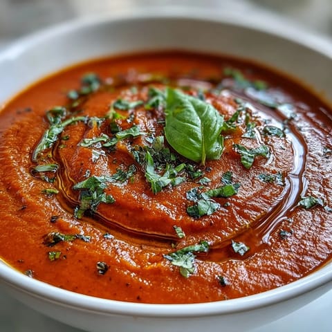 A warm bowl of {{Tomato and Basil Soup}} showcasing vibrant red tomatoes and green herbs.