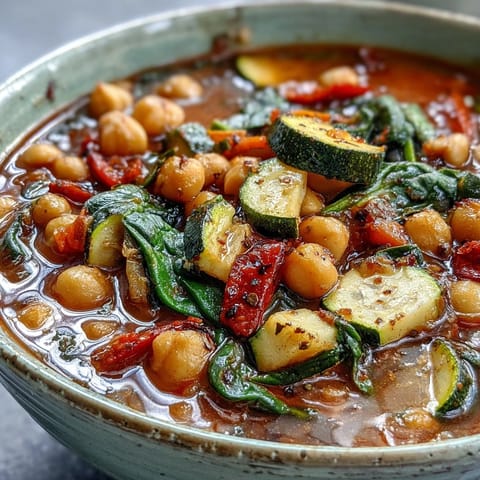 Hearty Mediterranean Chickpea Stew simmering in a pot with diced zucchini and red bell pepper, ready to serve with lemon wedges.