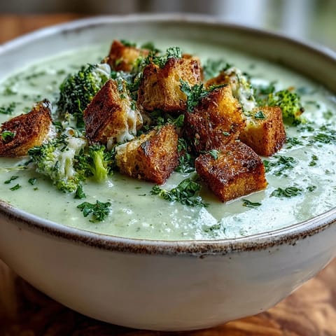 A warm bowl of cauliflower and broccoli soup with crunchy croutons, perfect for cozy weeknight dinners.