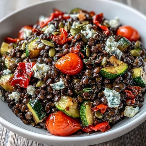 The roasted vegetable Black Lentil Salad served in a rustic bowl with extra seeds and fresh parsley garnish.