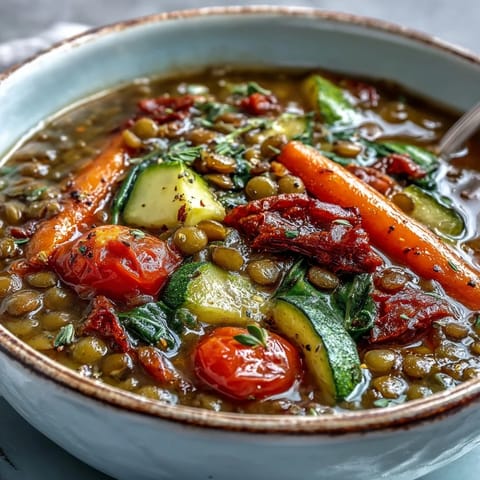 Close-up of the rich Lentil and Vegetable Soup, featuring tender lentils and diced vegetables in a savory broth, topped with fresh parsley.