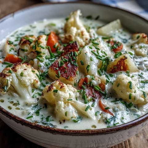 Creamy Vegetarian Cauliflower Chowder topped with cheddar and parsley served alongside crusty artisan bread.