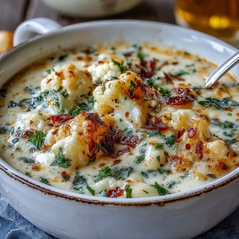 Spoonful of cheesy Vegetarian Cauliflower Chowder, garnished with fresh parsley, steaming in a cozy kitchen setting.  