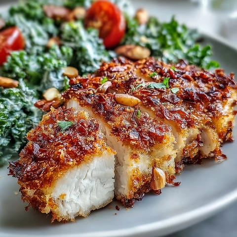 Freshly prepared Almond-Crusted Chicken features a crunchy, golden crust, paired with a tangy kale and sumac salad for dinner.