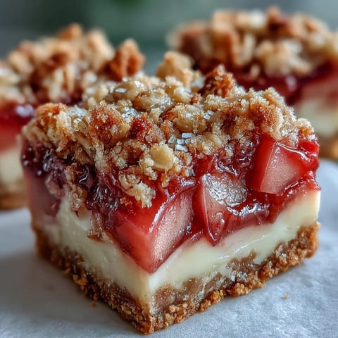 Golden, buttery crumble tops these Rhubarb and Custard Crumble Bars, served on a plate beside a steaming cup of tea.