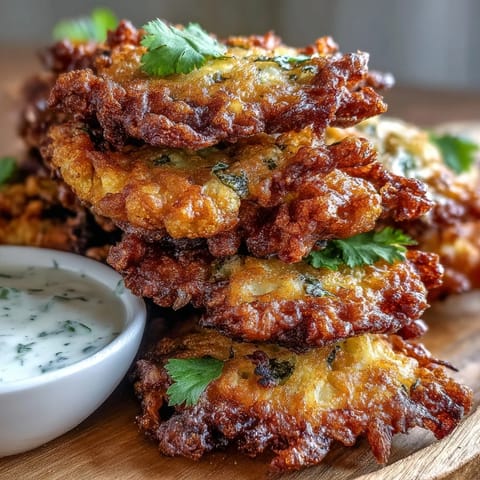 A close-up of freshly fried cauliflower bhajis, their vibrant yellow hue and specks of cilantro shining in the light.