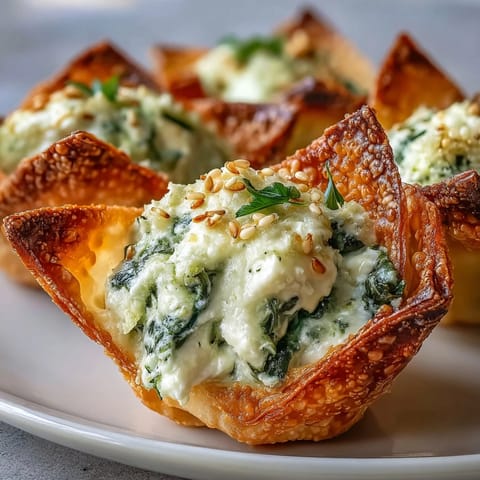 Freshly baked Mediterranean Spinach and Feta Cheese Crisps with wilted spinach and creamy feta in crispy wonton cups.