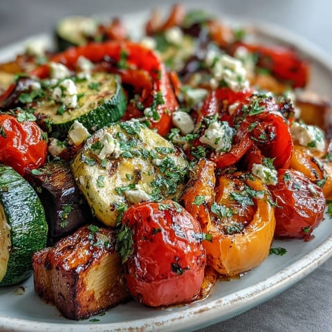 A close-up of Roasted Mediterranean Greek Vegetables, a colorful side dish for grilled chicken or fish.