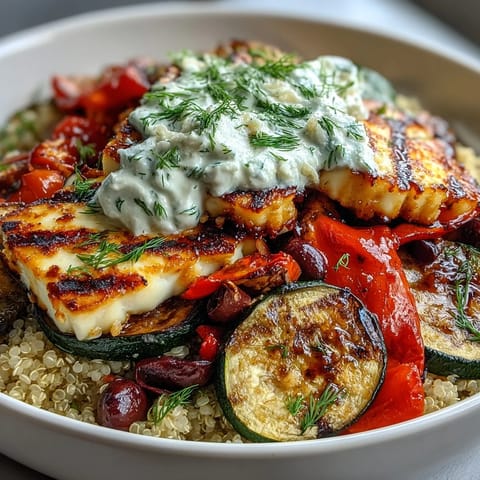 Hearty Healthy Grilled Mediterranean Bowl featuring juicy grilled chicken alongside smoky eggplant, briny olives, and a generous dollop of fresh tzatziki sauce.