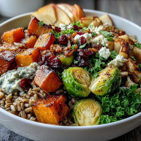 Autumn-inspired Fall Vegetable Bowl topped with pumpkin seeds and cranberries, served alongside a linen napkin.